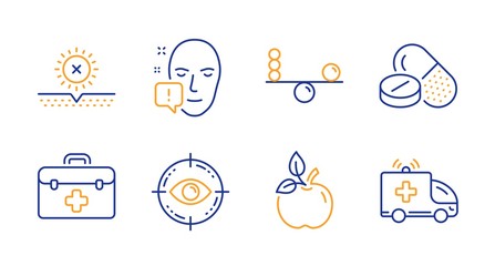 Medical drugs, No sun and Face attention line icons set. First aid, Eco food and Balance signs. Eye target, Ambulance car symbols. Medicine pills, Uv protect. Healthcare set. Vector
