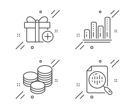 Add gift, Graph chart and Tips line icons set. Analytics chart sign. Present box, Growth report, Cash coins. Report analysis. Business set. Line add gift outline icon. Vector