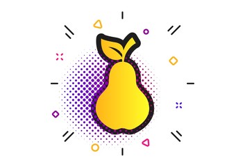 Pear with leaf sign icon. Halftone dots pattern. Fruit symbol. Classic flat pear icon. Vector