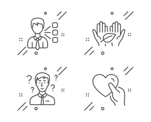 Third party, Fair trade and Support consultant line icons set. Hold heart sign. Team leader, Safe nature, Question mark. Friendship. People set. Line third party outline icon. Vector