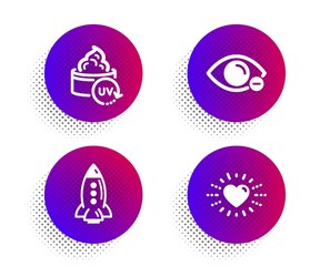 Rocket, Myopia and Uv protection icons simple set. Halftone dots button. Heart sign. Spaceship, Eye vision, Skin cream. Love. Business set. Classic flat rocket icon. Vector