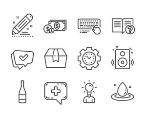 Set of Business icons, such as Brand contract, Time management, Medical chat, Champagne bottle, Computer keyboard, Education, Speakers, Dollar money, Help, Package box, Fuel energy. Vector