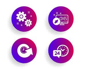 Update time, Work and Web system icons simple set. Halftone dots button. 24h service sign. Refresh watch, Settings, Computer. Call support. Technology set. Classic flat update time icon. Vector