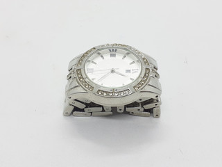 Elegant Luxury Modern Classic Silver Metallic Hand Wrist Watch in White Isolated Background