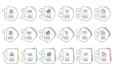 Trade chart, Blocked card and Loan house line icons set. Infographic timeline. Shopping basket, Bitcoin and Special offer signs. Market data, Private money, Discount percent. Sale offer. Vector