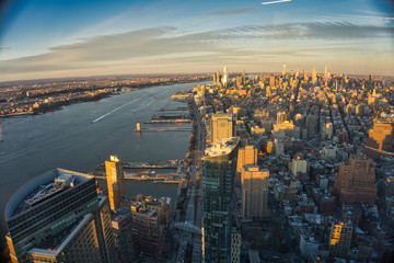 Obraz premium New York City aerial with skyscrapers at sunset