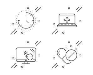 Medical help, Time and Touch screen line icons set. Medical pills sign. Medicine laptop, Clock, Web support. Drugs. Science set. Line medical help outline icon. Vector