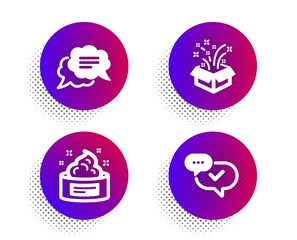 Text message, Gift and Skin cream icons simple set. Halftone dots button. Approved sign. Chat bubble, New year, Medical cosmetic. Chat message. Business set. Classic flat text message icon. Vector