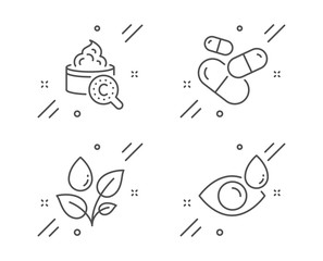 Plants watering, Collagen skin and Capsule pill line icons set. Eye drops sign. Water drop, Skin care, Medicine drugs. Check vision. Healthcare set. Line plants watering outline icon. Vector