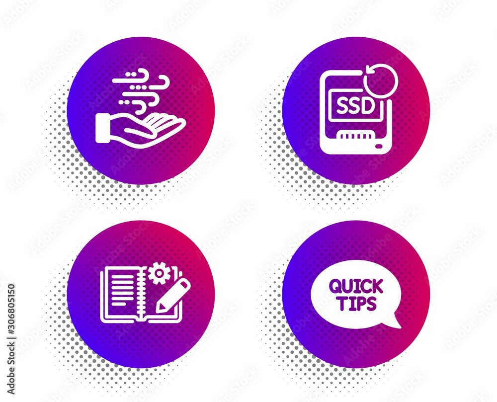 Poster recovery ssd, wind energy and engineering documentation icons simple set. halftone dots button. quic