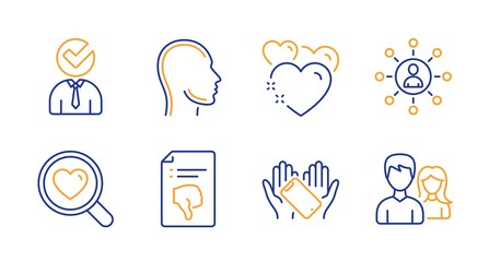 Vacancy, Thumb down and Networking line icons set. Head, Heart and Smartphone holding signs. Search love, Couple symbols. Businessman concept, Decline file. People set. Line vacancy icon. Vector