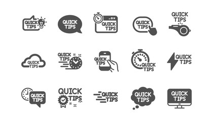 Quick tips icons. Helpful tricks, Solution and Quickstart guide. Tutorial classic icon set. Quality set. Vector