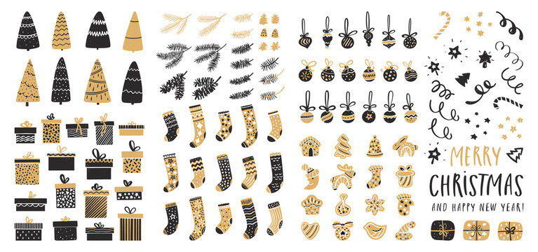 Set of Christmas elements for typographic design. Christmas trees, balls, gifts, gingerbread, socks, pine cones and fir branches. Vector illustration in black and gold style