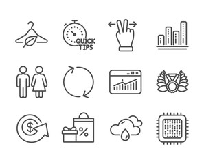 Set of Business icons, such as Cpu processor, Restroom, Touchscreen gesture, Laureate medal, Quick tips, Shopping, Slow fashion, Rainy weather, Refresh, Dollar exchange, Graph chart. Vector