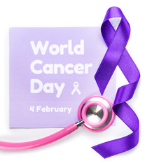 Paper with text WORLD CANCER DAY, stethoscope and purple ribbon on white background
