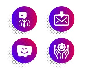 Incoming mail, Support service and Smile face icons simple set. Halftone dots button. Employee hand sign. Download message, Human talking, Chat. Work gear. Technology set. Vector