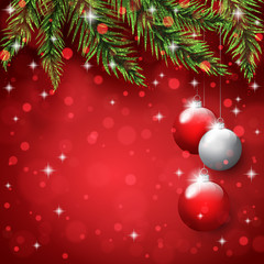 New Year's toys on the pine tree branches on the christmas postcard background.