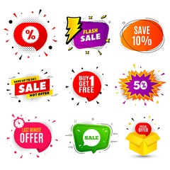 Save 10% off. Banner badge, flash sale bubble. Sale Discount offer price sign. Special offer symbol. Last minute offer. Sticker badge, comic bubble. Discounts box. Vector