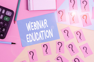 Word writing text Webinar Education. Business photo showcasing online meeting or presentation held via the Internet Mathematics stuff and writing equipment above pastel colours background