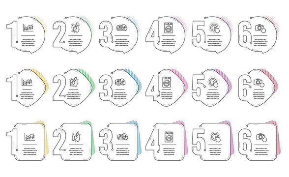 Painting brush, Click hand and Financial diagram line icons set. Infographic timeline. Recovery photo, Savings and Dryer machine signs. Graphic art, Touch gesture, Candlestick chart. Vector