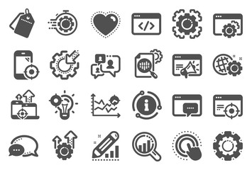 Seo icons. Website stats, Target and Increase sales signs. Traffic management, social network and seo optimization icons. Gear wheel, Search engine and increase mobile sales. Quality set. Vector