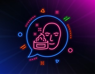Face cream line icon. Neon laser lights. Skin care lotion sign. Cosmetics symbol. Glow laser speech bubble. Neon lights chat bubble. Banner badge with face cream icon. Vector