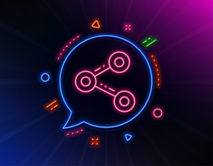 Share line icon. Neon laser lights. Social media sign. Follow symbol. Glow laser speech bubble. Neon lights chat bubble. Banner badge with share icon. Vector