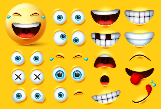 Smiley emoji creation kit vector set. Smileys emoticons and emojis face kit eyes and mouth in surprise, excited, hungry, and funny feelings isolated in yellow background. Vector illustration.