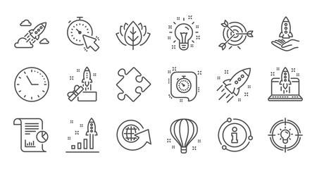 Startup line icons. Launch Project, Business report and Target. Strategy linear icon set. Quality line set. Vector