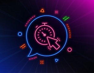 Obraz na płótnie Canvas Timer line icon. Neon laser lights. Time or clock sign. Mouse cursor symbol. Glow laser speech bubble. Neon lights chat bubble. Banner badge with timer icon. Vector