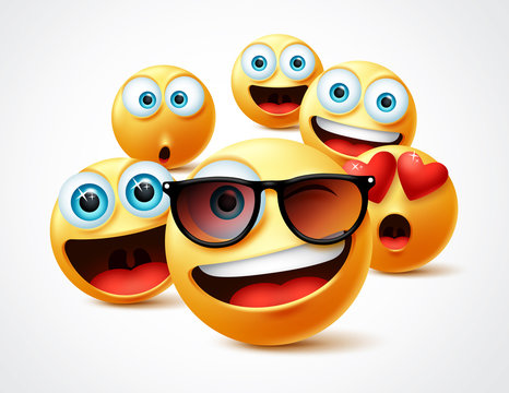 Smileys emojis famous celebrity vector concept. Famous smiley emoticon yellow faces group in 3d realistic avatar with cute, funny, excited, happy and smiling expression in white background. 