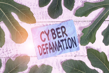 Conceptual hand writing showing Cyber Defamation. Concept meaning slander conducted via digital media usually by Internet Leaves surrounding notepaper above a classic wooden table