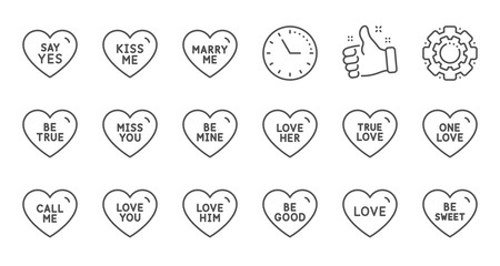 Sweet heart line icons. Sweetheart for valentines day, love heart, romantic message. Marry me, kiss me, one love icons. Valentine flirt, dating message. Linear set. Quality line set. Vector
