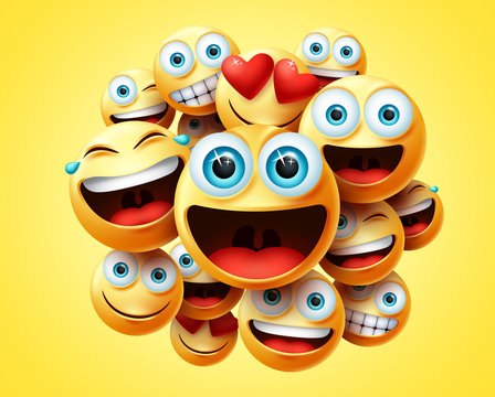 Smileys emoticons group vector design. Smileys emoticon cute faces group in excited, laughing, funny, happy and naughty feelings or mood for sign and symbol in yellow background. Vector illustration.