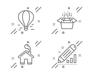 Air balloon, Home and Packing boxes line icons set. Edit statistics sign. Flight travel, House building, Delivery box. Seo manage. Technology set. Line air balloon outline icon. Vector