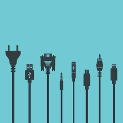 Connectors and sockets for PC and mobile devices. Different kinds of plug wire cables colorful vector illustration