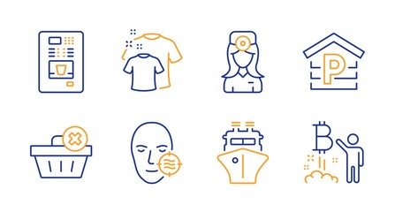Clean t-shirt, Oculist doctor and Coffee vending line icons set. Parking, Ship and Problem skin signs. Delete order, Bitcoin project symbols. Laundry shirt, Optometrist. Business set. Vector