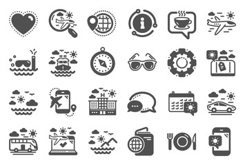 Travel icons. Passport, Luggage, Check in airport icons. Airplane flight, Sunglasses, Hotel building. Passport check in document, Sea diving. Restaurant hotel food, luggage travel. Quality set. Vector