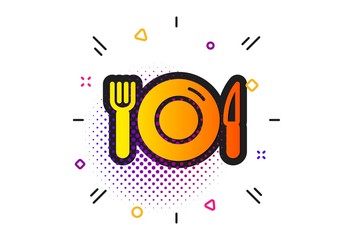 Obraz premium Restaurant sign. Halftone circles pattern. Food icon. Fork, knife and plate symbol. Classic flat food icon. Vector