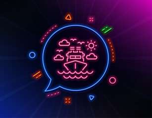 Ship travel line icon. Neon laser lights. Trip transport sign. Holidays cruise symbol. Glow laser speech bubble. Neon lights chat bubble. Banner badge with ship travel icon. Vector