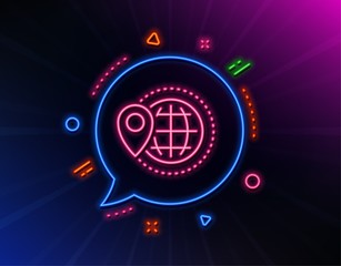 World travel line icon. Neon laser lights. Trip globe sign. Map location pointer symbol. Glow laser speech bubble. Neon lights chat bubble. Banner badge with world travel icon. Vector
