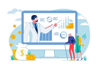 Person with Pointer Showing Graphs to Old People.