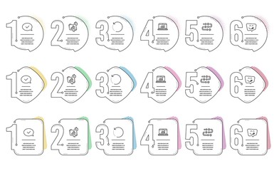 Statistics timer, Approved message and Survey progress line icons set. Infographic timeline. Yummy smile, Recovery data and Online statistics signs. Growth chart, Accepted chat, Algorithm. Vector