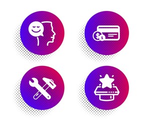 Good mood, Spanner tool and Payment method icons simple set. Halftone dots button. Winner podium sign. Positive thinking, Repair, Cash or non-cash payment. First place. Technology set. Vector