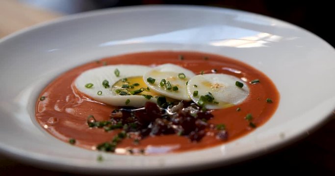 salmorejo, with egg and jamon, spanish food, tapas in spain