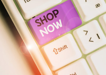 Handwriting text writing Shop Now. Conceptual photo the action or activity of purchasing goods from...