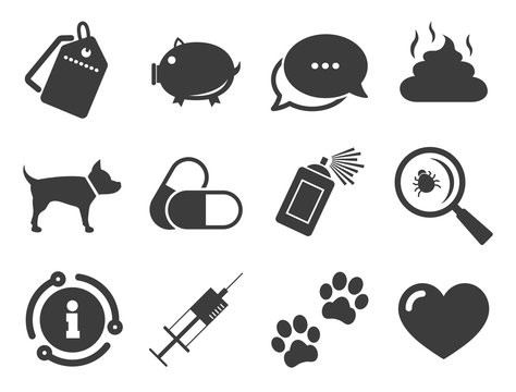 Dog paws, syringe and magnifier signs. Discount offer tag, chat, info icon. Veterinary, pets icons. Pills, heart and feces symbols. Classic style signs set. Vector