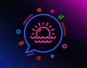 Sunny weather forecast line icon. Neon laser lights. Summer sun sign. Sunset with waves. Glow laser speech bubble. Neon lights chat bubble. Banner badge with sunset icon. Vector