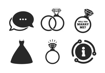 Bride and groom rings symbol. Chat, info sign. Wedding dress icon. Wedding or engagement day ring shine with diamond sign. Will you marry me? Classic style speech bubble icon. Vector