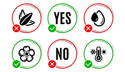 Sunflower seed, Oil drop and Natural linen icons simple set. Yes no check box. Thermometer sign. Vegetarian food, Serum, Organic tested. Thermostat. Nature set. Sunflower seed icon. Check mark. Vector